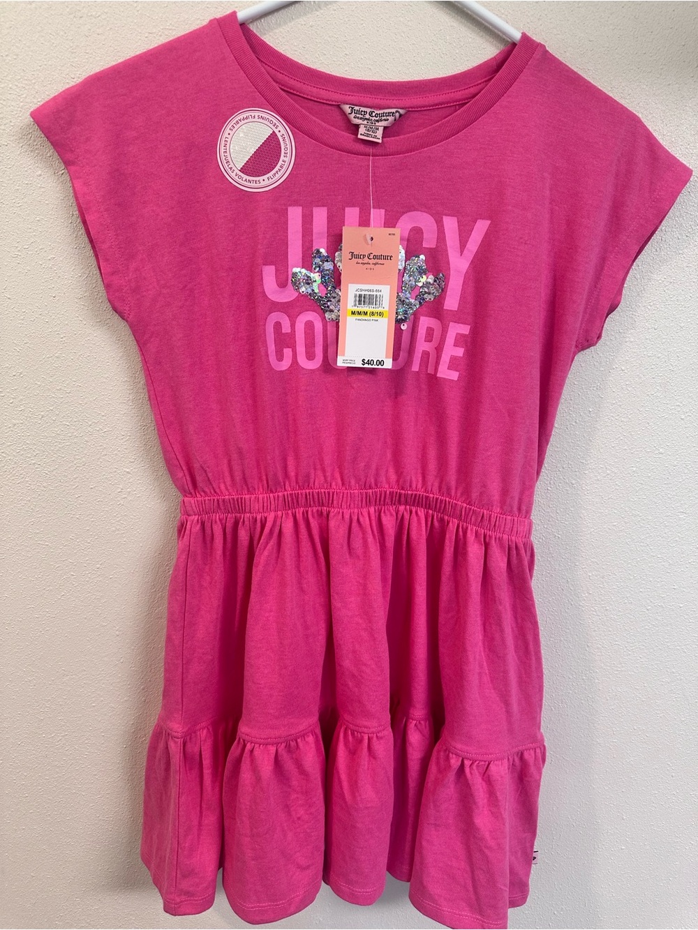 NWT Juicy Couture Girls Hot Pink Logo Tiered Tee Dress with Sequin Heart